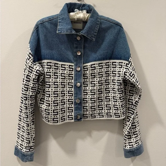 Sandro Blue and White Cropped Denim Jacket - Picture 6 of 10